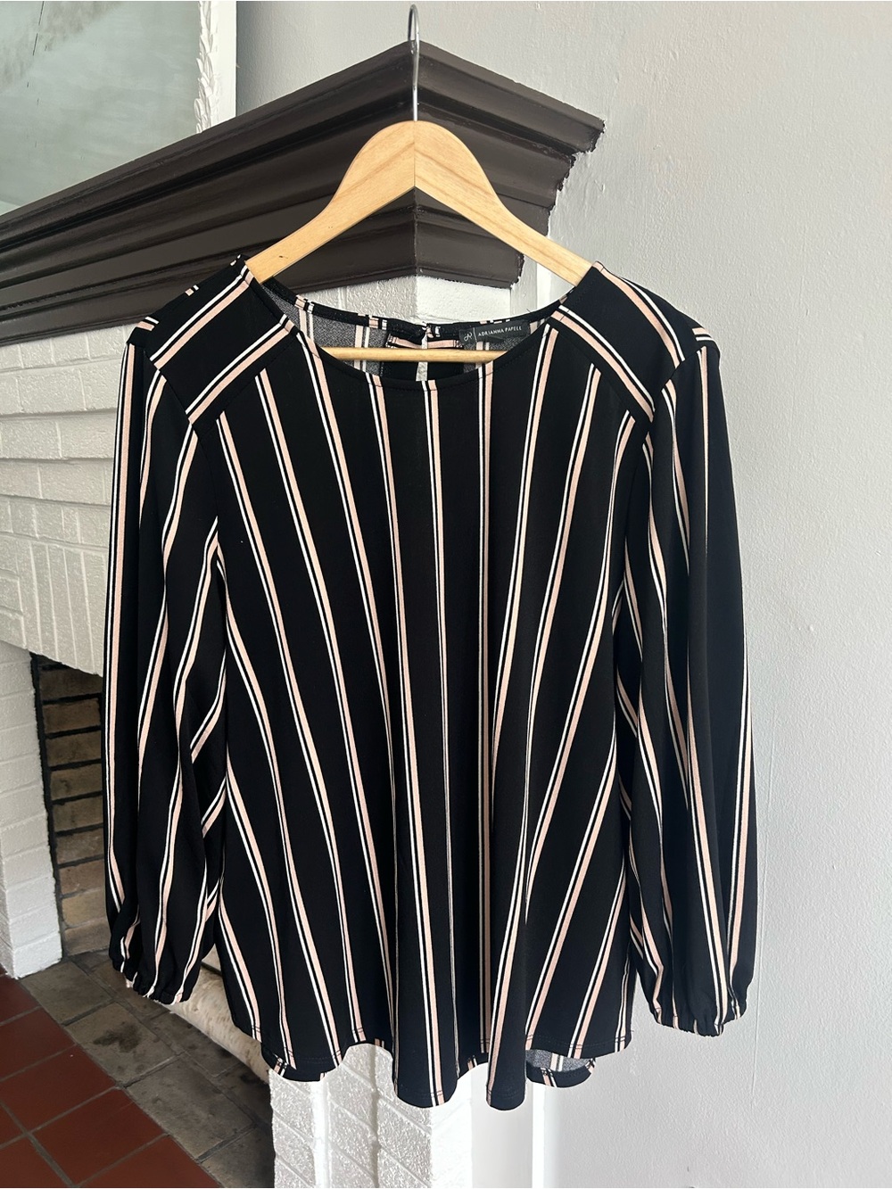 Adrianna Papell Black Blouse with Cream and Light Pink Stripes